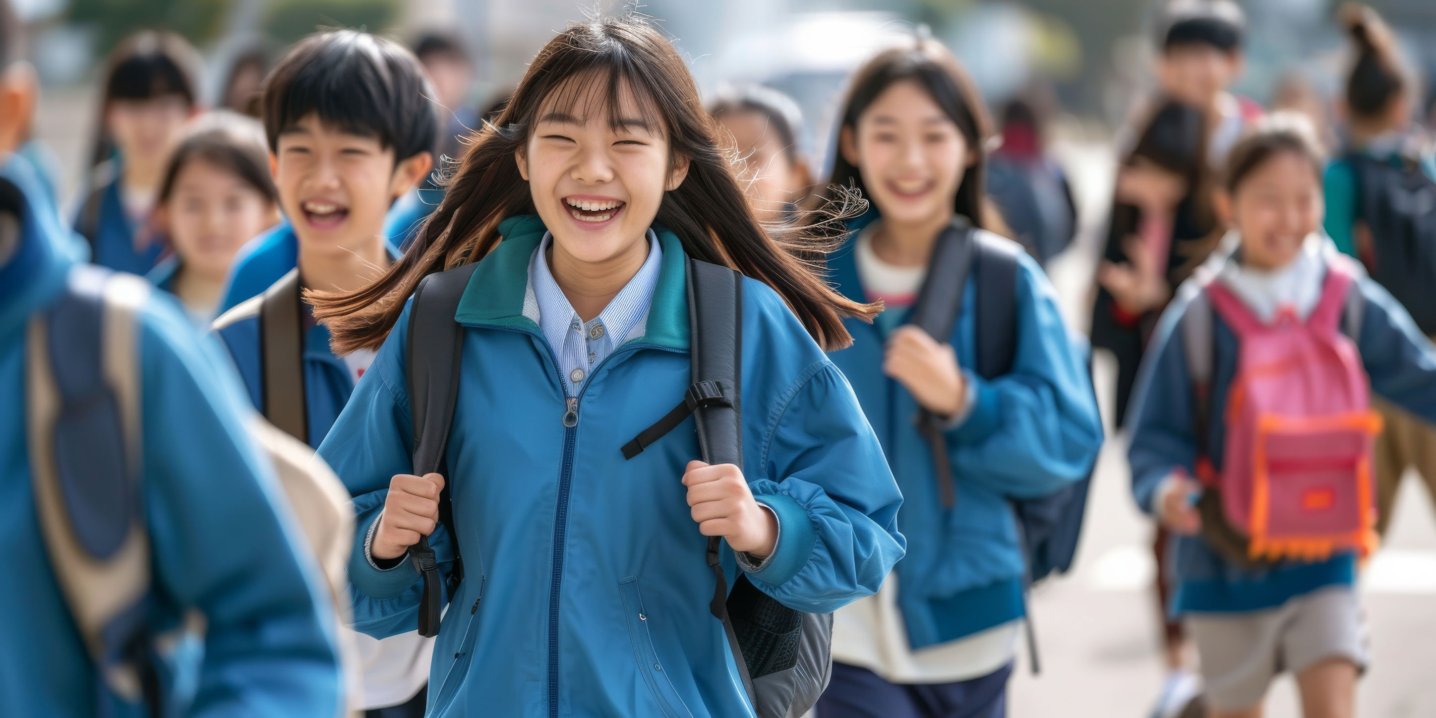 一群學生背著書包愉快地上學